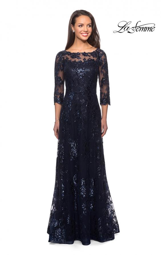 Picture of: Long Lace Dress with Sequins and Sheer 3/4 Sleeves in Navy, Style: 27885, Main Picture