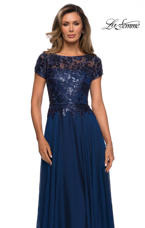 Picture of: Short Sleeve Metallic Lace Evening Dress with Chiffon Skirt in Navy, Style: 27924, Main Picture