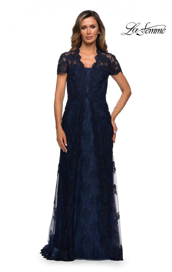 Picture of: Long Lace Evening Dress with Scallop Detailing and Rhinestones in Navy, Style: 28195, Main Picture