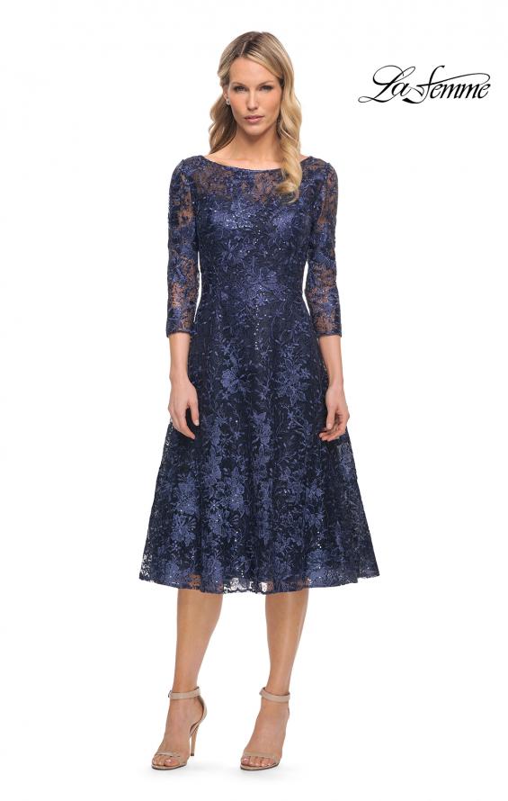 Picture of: Beautiful Lace Tea Length Gown with Three-Quarter Sleeves in Blue, Style: 30005, Main Picture