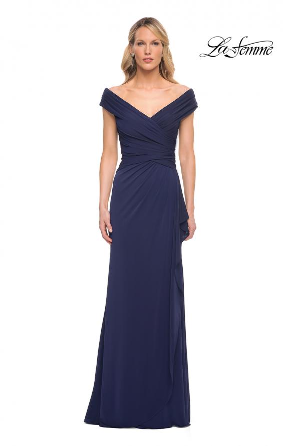 Picture of: Long Luxurious Jersey Off the Shoulder Evening Gown in Blue, Style: 30040, Main Picture