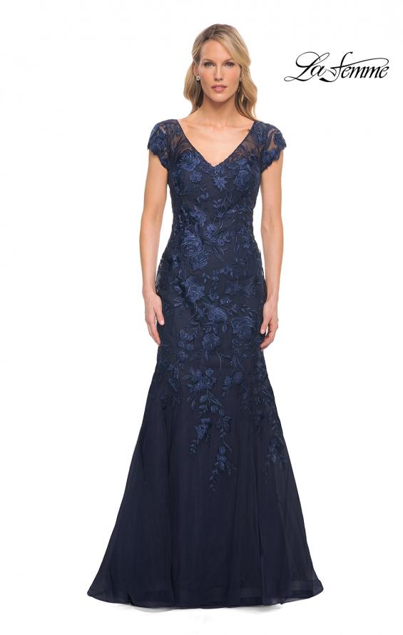 Picture of: Lace and Tulle Mermaid Gown with Cap Sleeves in Blue, Style: 30269, Main Picture