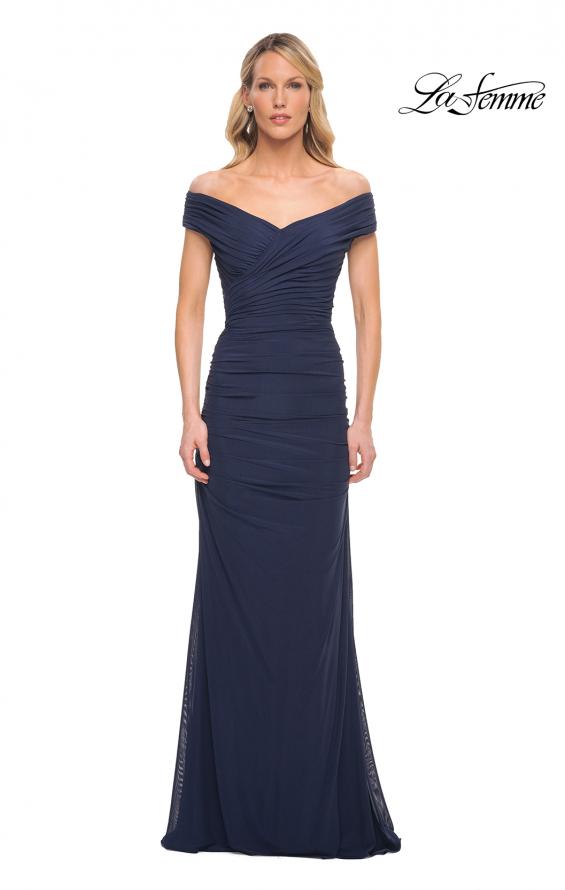 Picture of: Long Ruched Gown with Off the Shoulder Top in Blue, Style: 30363, Main Picture