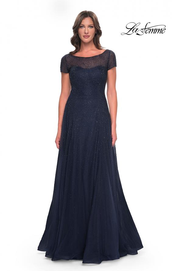 Picture of: Beaded A-Line Dress with Illusion Neckline and Sleeves in Navy, Style: 30852, Main Picture