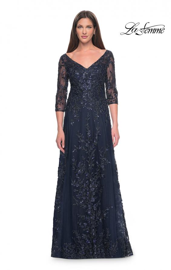 Picture of: Stunning Evening Gown with Lace Beaded Design in Navy, Style: 31719, Main Picture