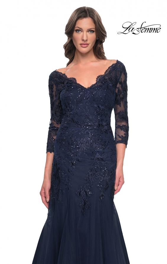 Picture of: Mermaid Tulle and Lace Dress with Scallop Detailed Neckline in Navy, Style: 30823, Detail Picture 9