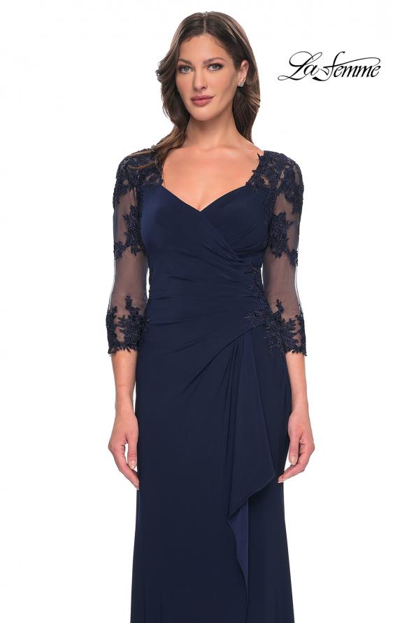 Picture of: Lace and Net Jersey Gown with Illusion Sleeves in Navy, Style: 30384, Detail Picture 13