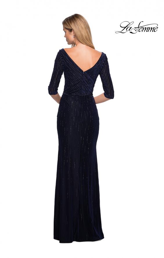 Picture of: Long Velvet Beaded Dress with Three Quarter Sleeves in Navy, Style: 26456, Back Picture