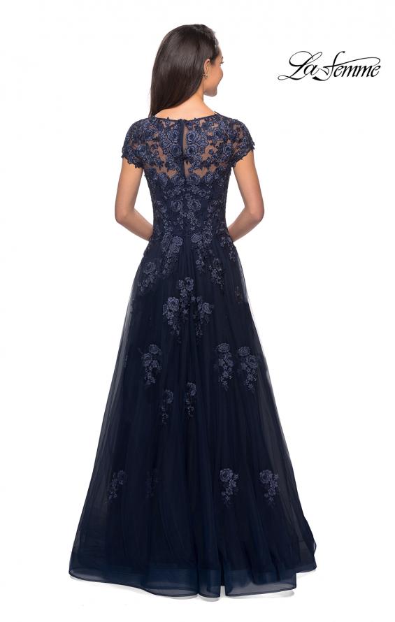 Picture of: Long Tulle Gown with Intricate Lace Detailing in Navy, Style: 26907, Back Picture