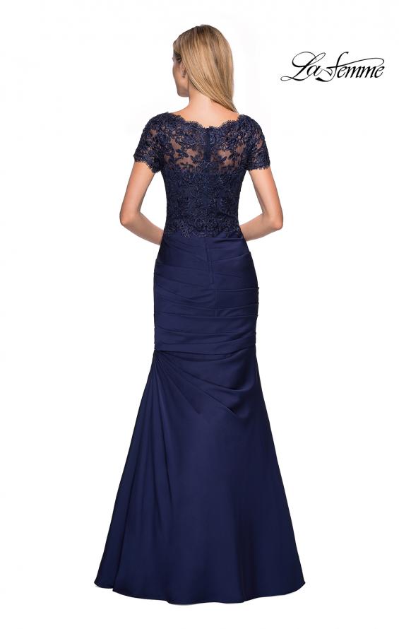 Picture of: Floor Length Satin Dress with Lace Rhinestoned Bodice in Navy, Style: 26979, Back Picture