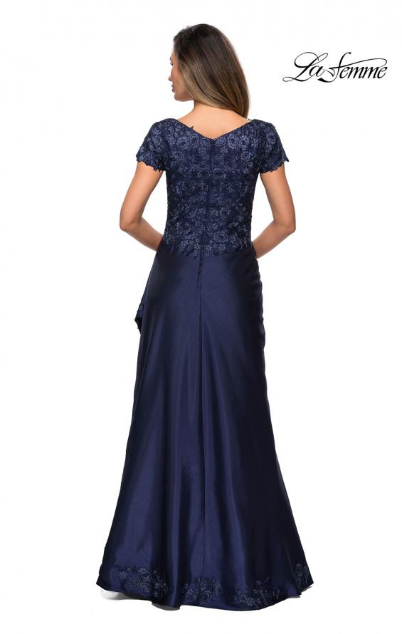 Picture of: V-neck Jersey Floor Length Gown with Short Sleeves in Navy, Style: 27033, Back Picture