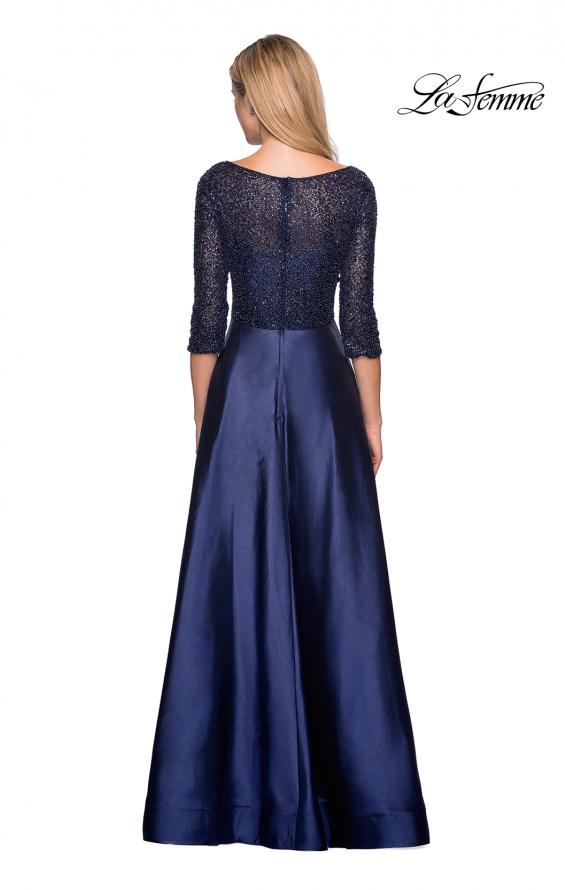 Picture of: Long Mikado Gown with Beaded Top and Pockets in Navy, Style: 27077, Back Picture