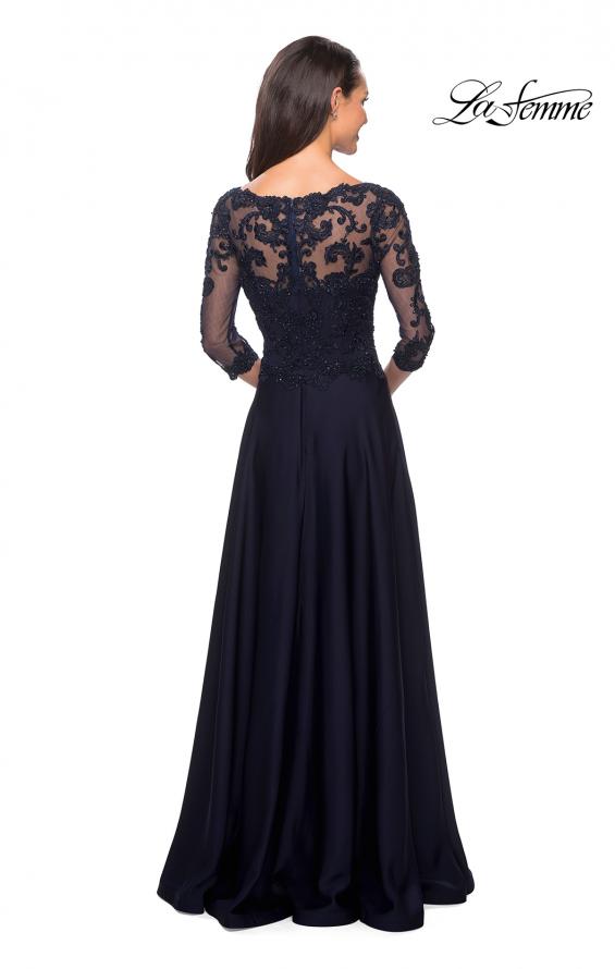 Picture of: Floor Length Satin Dress with Lace Detail and Pockets in Navy, Style: 27235, Back Picture