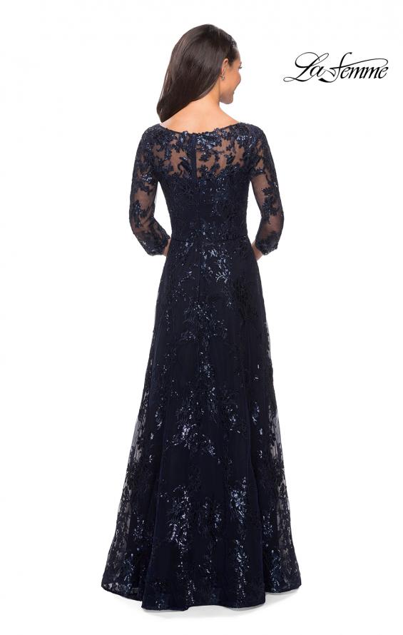 Picture of: Long Lace Dress with Sequins and Sheer 3/4 Sleeves in Navy, Style: 27885, Back Picture