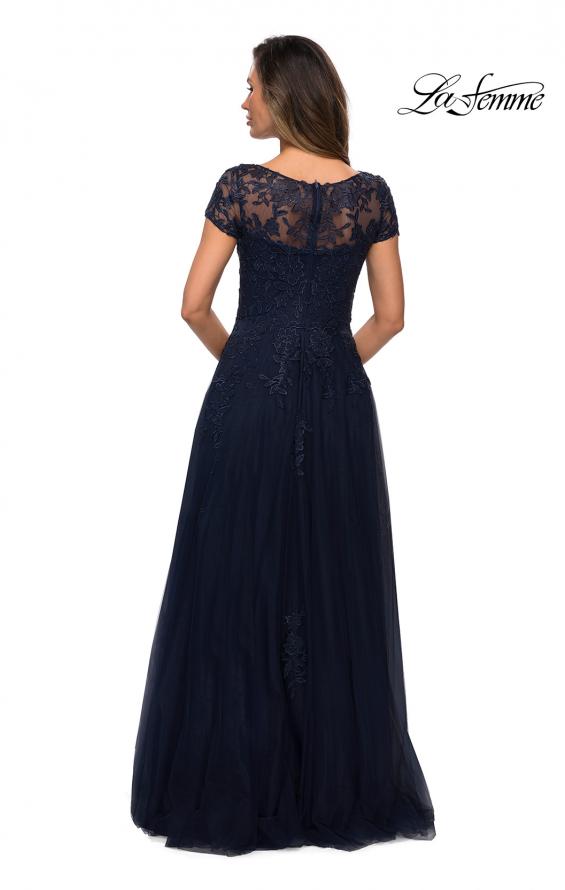 Picture of: Beaded Lace Rhinestone A-line Evening Gown in Navy, Style: 27920, Back Picture