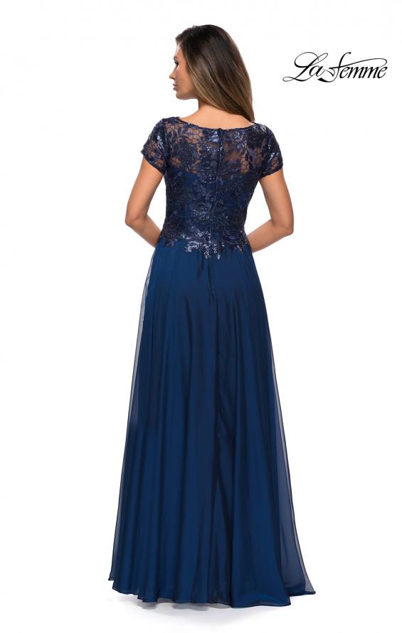 Picture of: Short Sleeve Metallic Lace Evening Dress with Chiffon Skirt in Navy, Style: 27924, Back Picture