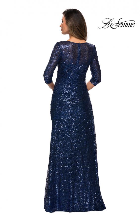 Picture of: Floor Length Sequin Gown wtih Ruching and Sleeves in Navy, Style: 28065, Back Picture