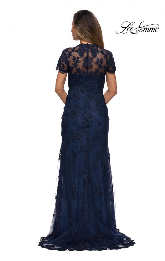Picture of: Long Lace Evening Dress with Scallop Detailing and Rhinestones in Navy, Style: 28195, Back Picture
