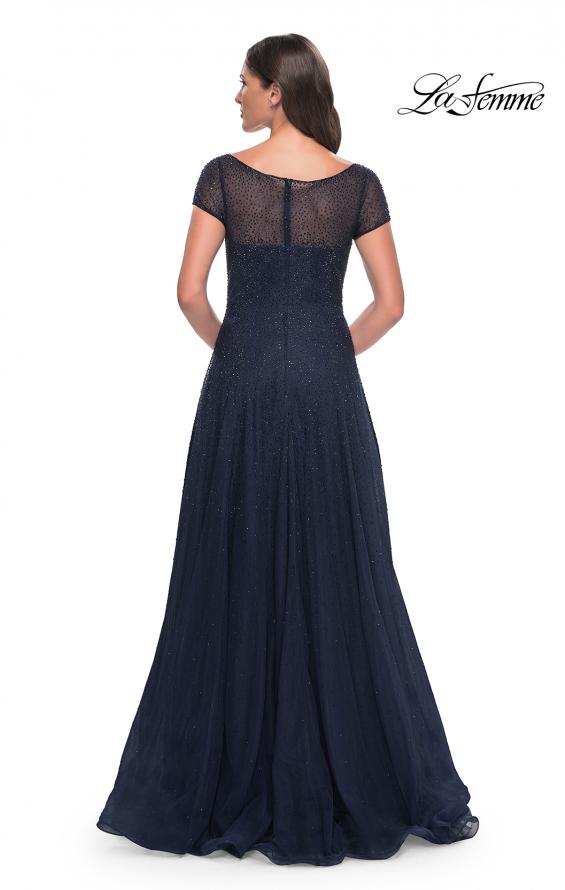 Picture of: Beaded A-Line Dress with Illusion Neckline and Sleeves in Navy, Style: 30852, Back Picture