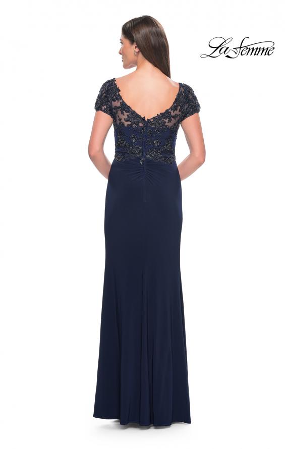 Picture of: Chic Jersey and Lace Evening Dress with Short Sleeves in Navy, Style: 31805, Back Picture