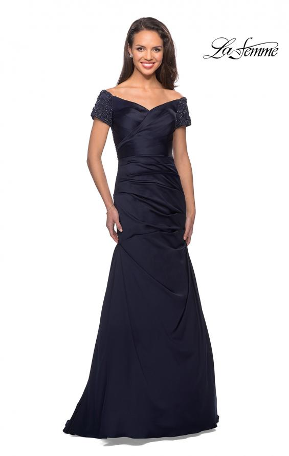 Picture of: Satin Off the Shoulder Dress with Beaded Sleeves in Navy, Style: 25996, Detail Picture 1