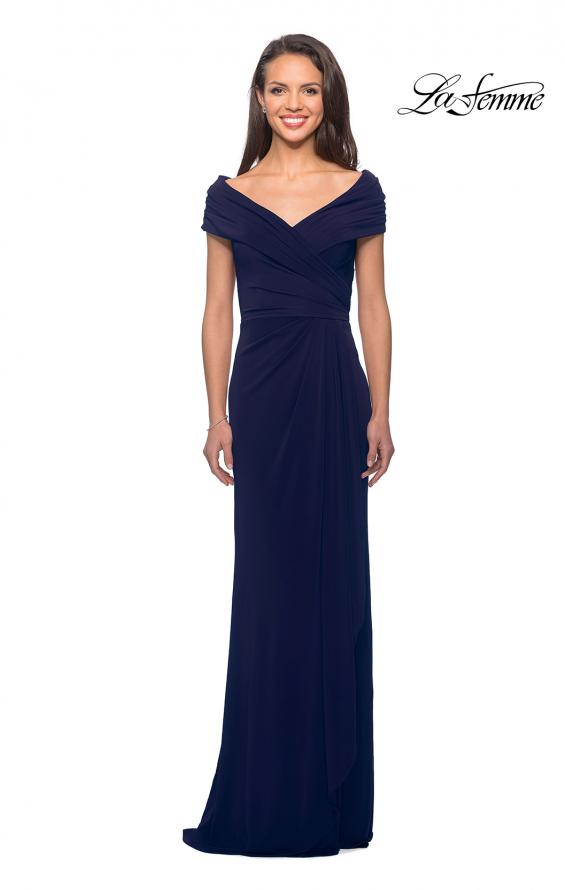 Picture of: Ruched Jersey Long Gown with V-Neckline in Navy, Style: 26519, Detail Picture 1