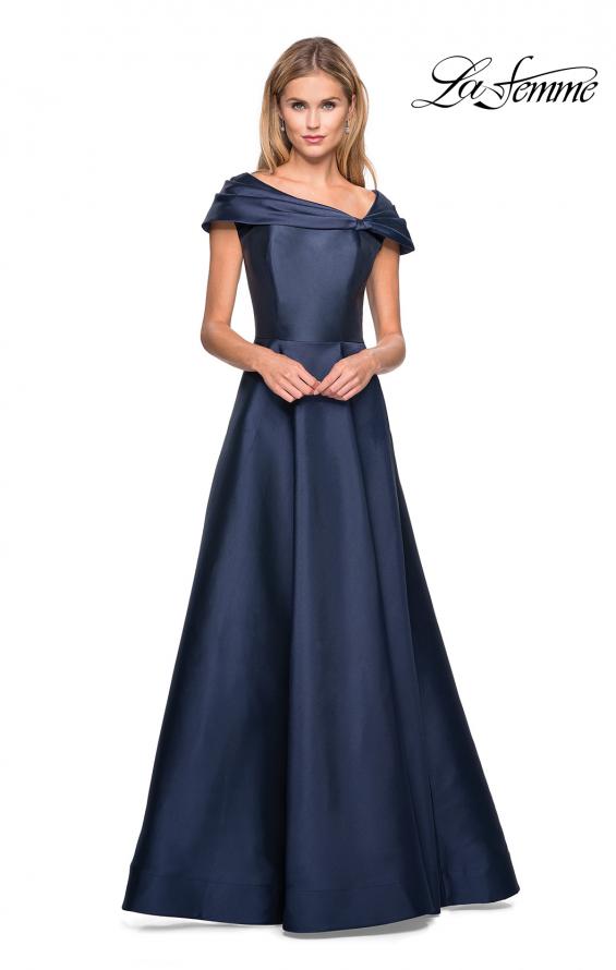 Picture of: Long A-Line Off the Shoulder Gown with Pockets in Navy, Style: 26877, Detail Picture 1