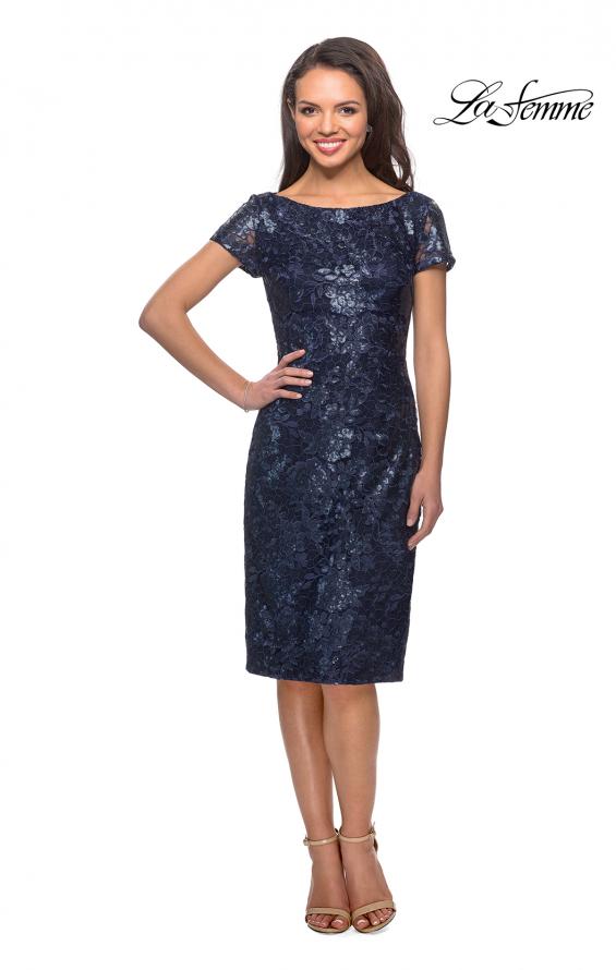 Picture of: Knee Length Lace Dress with Short Sleeves in Navy, Style: 27828, Detail Picture 1
