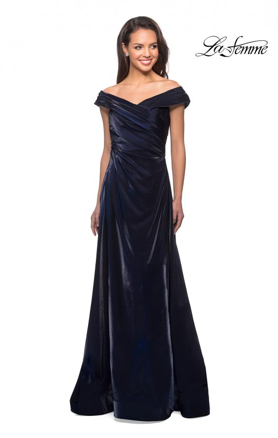 Picture of: Off the Shoulder Satin Gown with Ruching in Navy, Style: 27846, Detail Picture 1