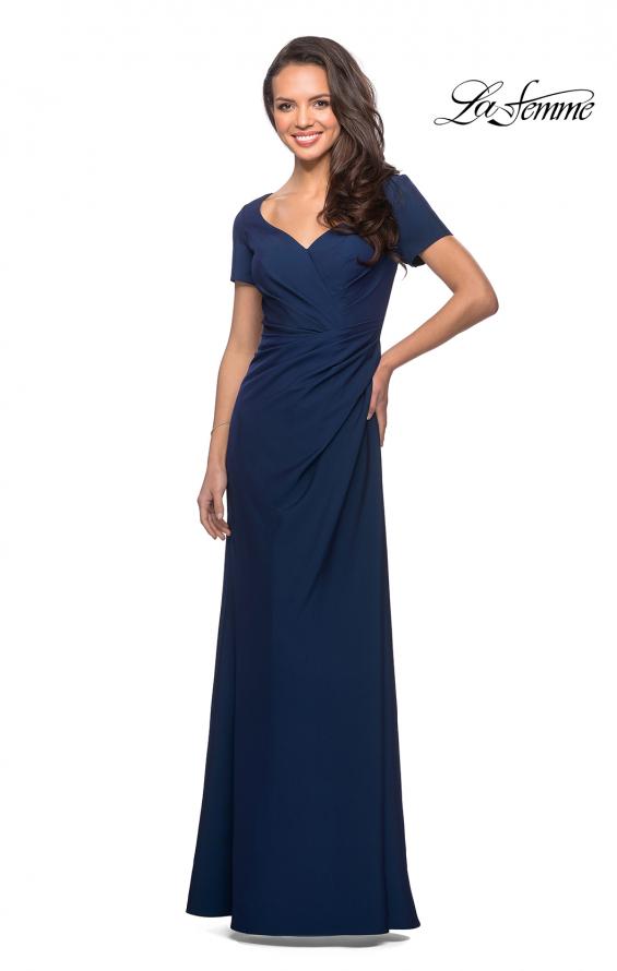 Picture of: Short Sleeve Floor Length Gown with Ruching in Navy, Style: 27855, Detail Picture 1
