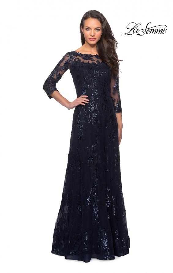 Picture of: Long Lace Dress with Sequins and Sheer 3/4 Sleeves in Navy, Style: 27885, Detail Picture 1
