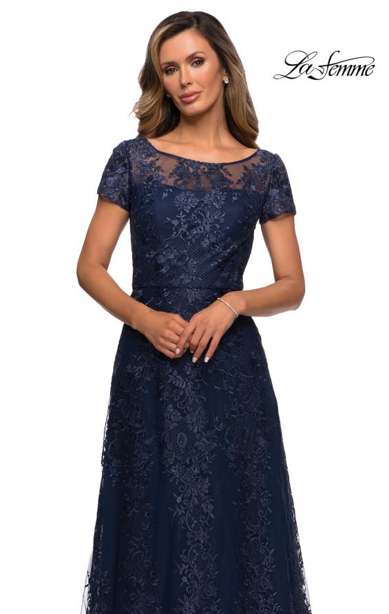 Picture of: Long Lace Dress with Sheer Neckline and Cap Sleeves in Navy, Style: 27935, Detail Picture 1