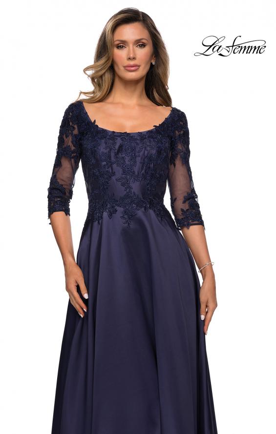 Picture of: Three Quarter Sleeve Gown with Lace Sheer Back in Navy, Style: 27988, Detail Picture 1
