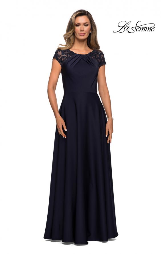 Picture of: Long Satin Dress with Sheer Floral Lace Cap Sleeves in Navy, Style: 28100, Detail Picture 1