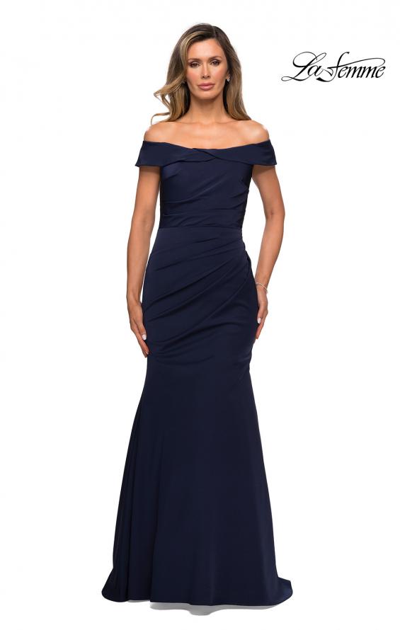 Picture of: Off the Shoulder Satin Evening Gown with Ruching in Navy, Style: 28110, Detail Picture 1