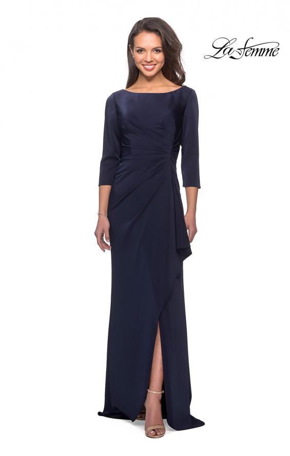 Picture of: Three Quarter Sleeve Jersey Dress with Ruching in Navy, Style: 28197, Detail Picture 1