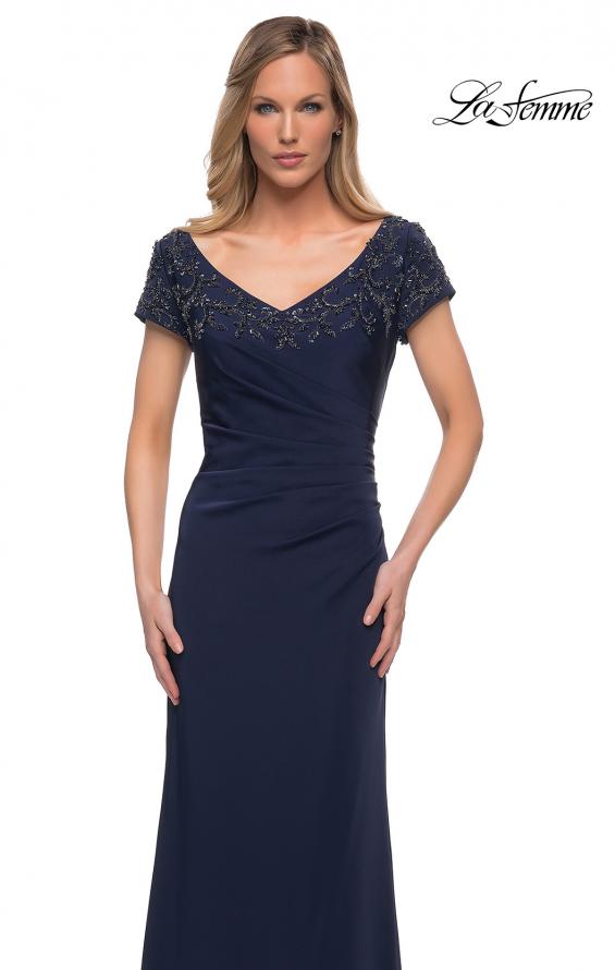 Picture of: Short Sleeve Evening Dress with Beaded Neckline in Navy, Detail Picture 1