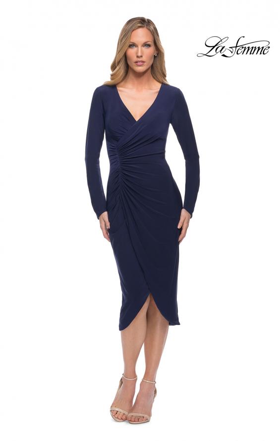 Picture of: Long Sleeve Knee Length Dress with Wrap Style Skirt in Navy, Detail Picture 1