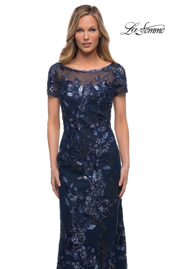 Picture of: Long Beaded Lace Dress with Sheer Neckline in Navy, Detail Picture 1
