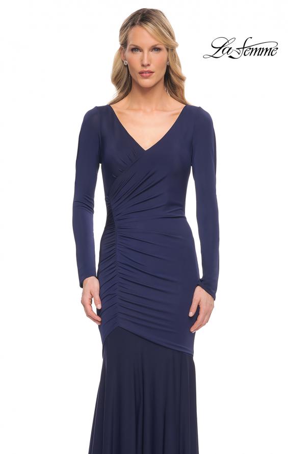 Picture of: Ruched Jersey Evening Gown with Long Sleeves in Blue, Style: 30010, Detail Picture 1