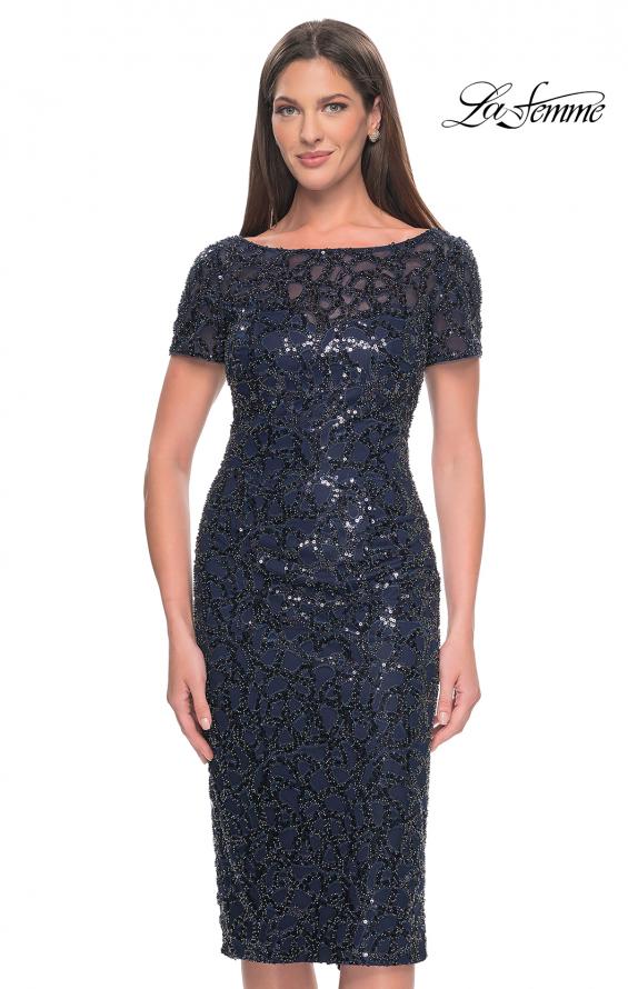 Picture of: Short Evening Dress with Intricate Beaded Sequin Design in Navy, Style: 30043, Detail Picture 1