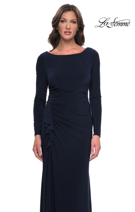 Picture of: Chic Jersey Long Dress with Ruffle Detail Skirt in Navy, Style: 30881, Detail Picture 1