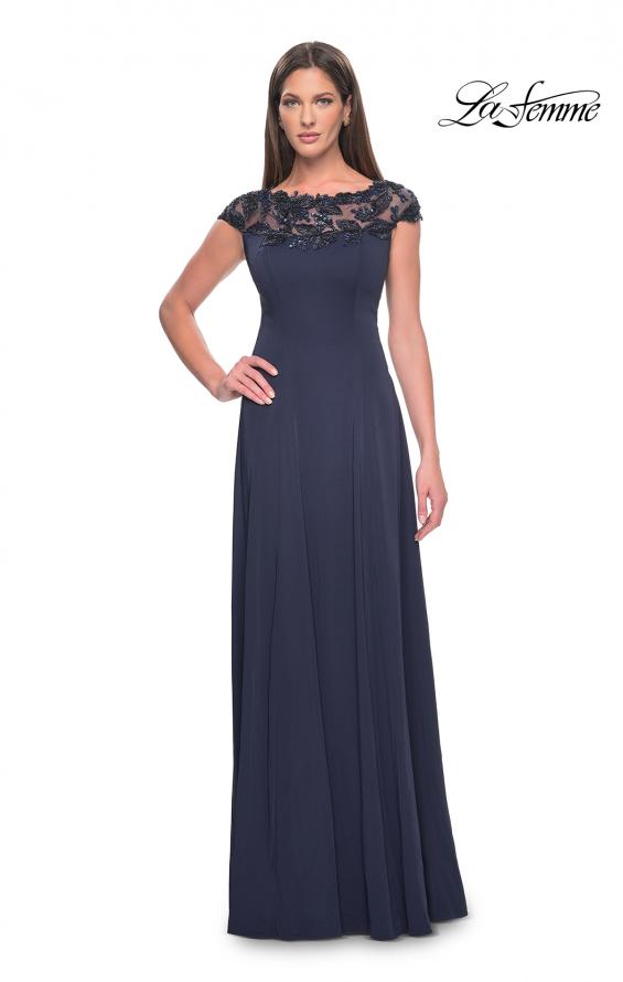Picture of: A-Line Satin Dress with Stunning Beaded Neckline and Short Sleeves in Navy, Style: 31195, Detail Picture 1