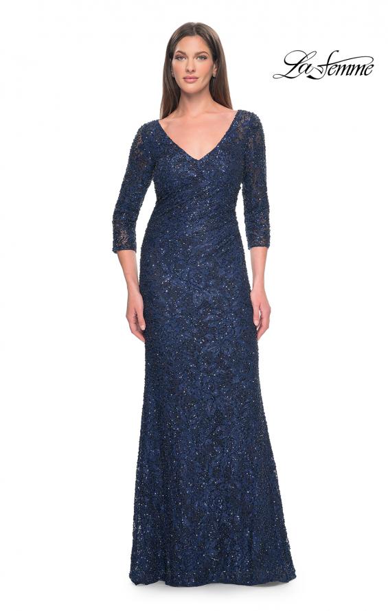 Picture of: Fitted Beaded Lace Evening Gown with Ruching in Navy, Style: 31721, Detail Picture 1