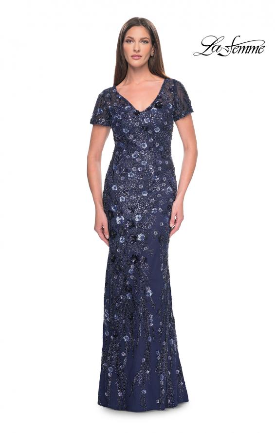 Picture of: Mother of the Bride Dress with Unique Floral Sequin Design in Navy, Style: 31779, Detail Picture 1