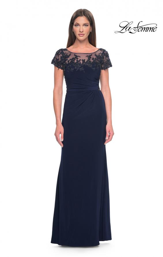 Picture of: Chic Jersey and Lace Evening Dress with Short Sleeves in Navy, Style: 31805, Detail Picture 1