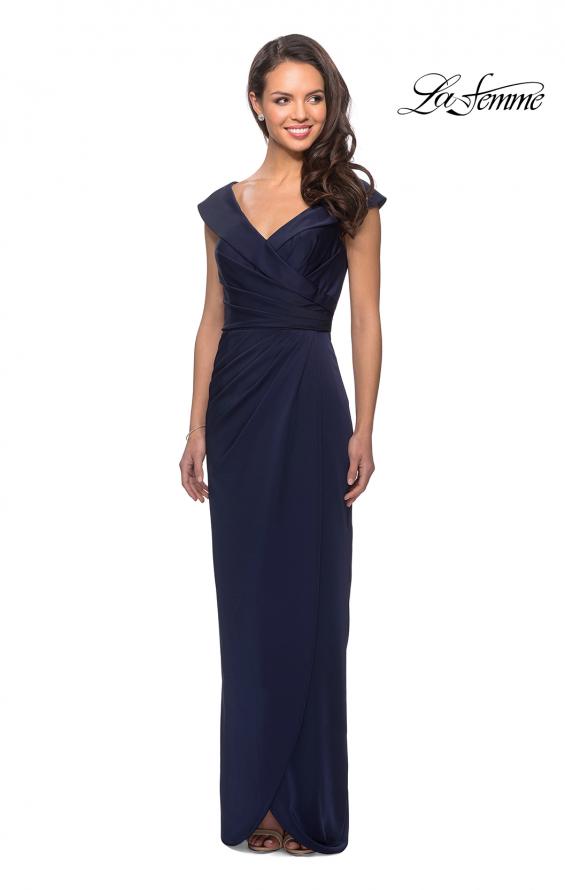Picture of: Long Jersey Dress with Ruching and Cap Sleeves in Navy, Style: 25206, Detail Picture 2