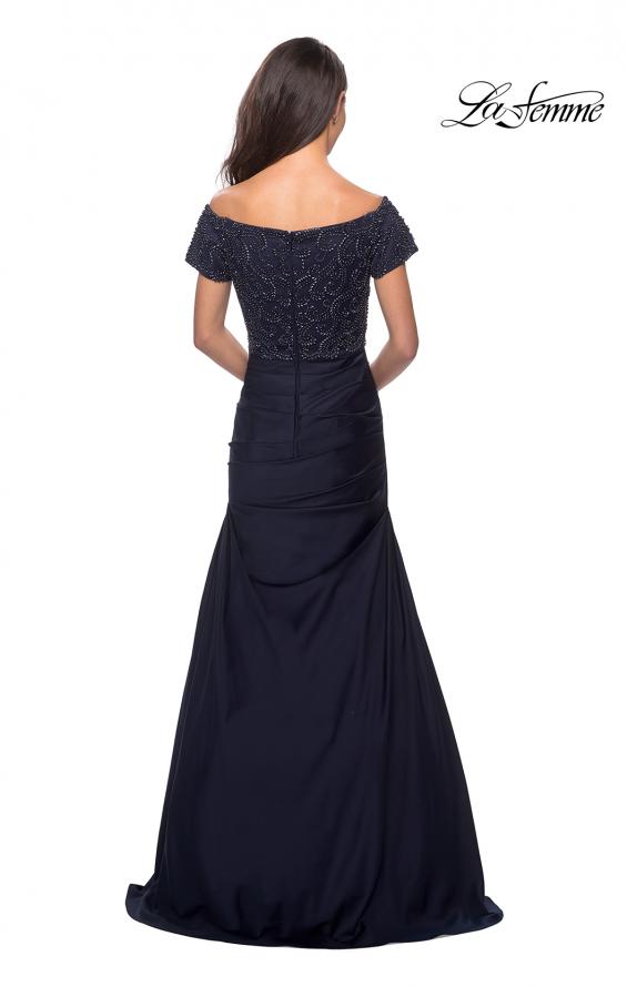 Picture of: Satin Off the Shoulder Dress with Beaded Sleeves in Navy, Style: 25996, Detail Picture 2