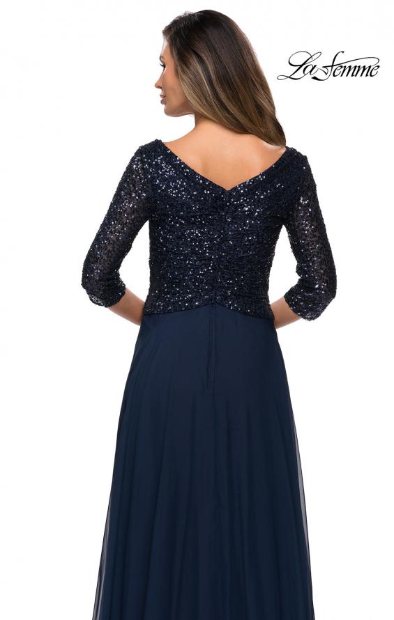 Picture of: Long Chiffon Evening Gown with Sequined Bodice in Navy, Style: 27998, Detail Picture 2