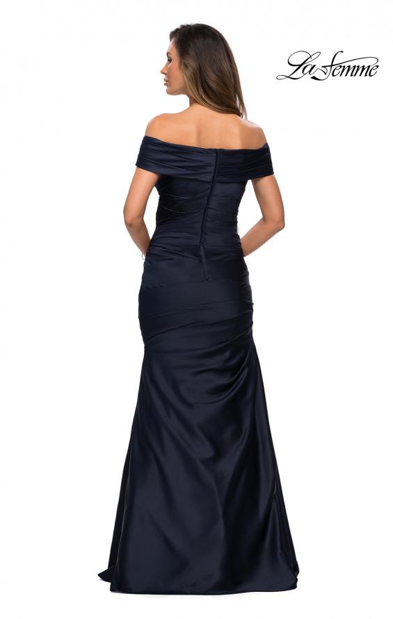 Picture of: Off the Shoulder Satin Evening Gown with Pleating in Navy, Style: 28047, Detail Picture 2